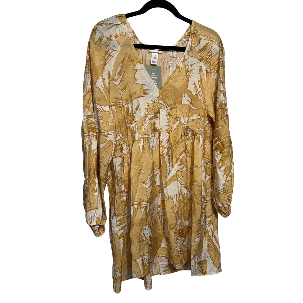 H&M Mini Dress Yellow White Pattern Balloon Sleeve V Neck Women's Size Small NWT - Picture 2 of 9